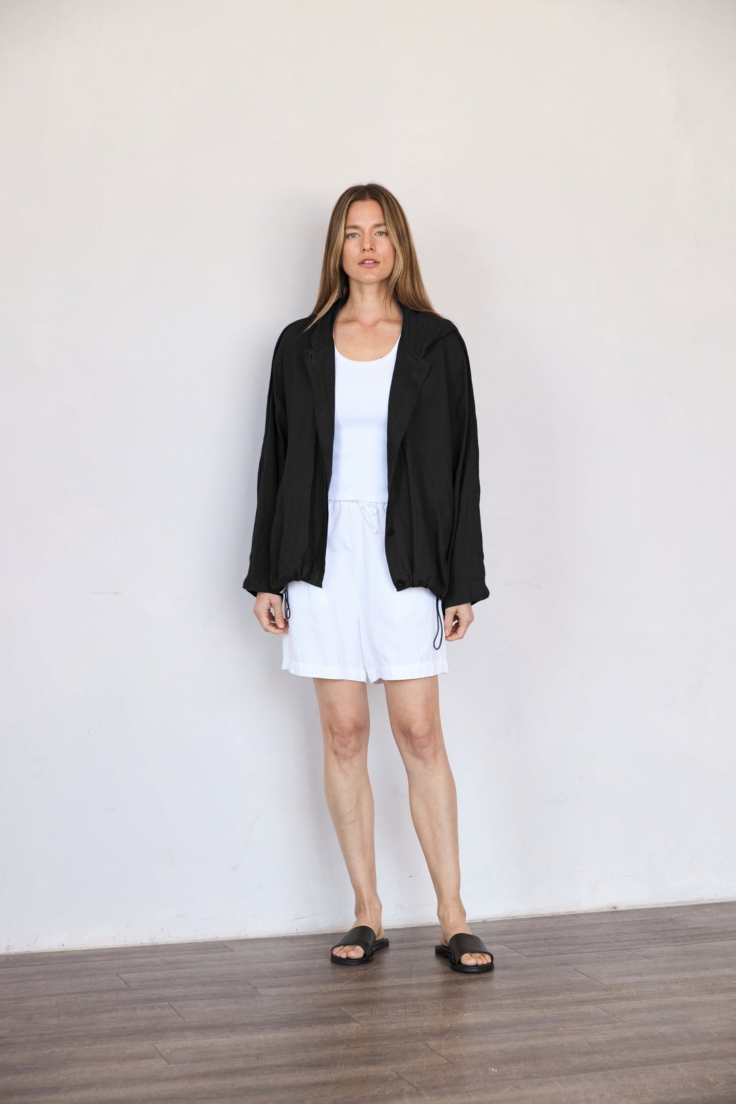 Oversized Hooded Linen Jacket - Black
