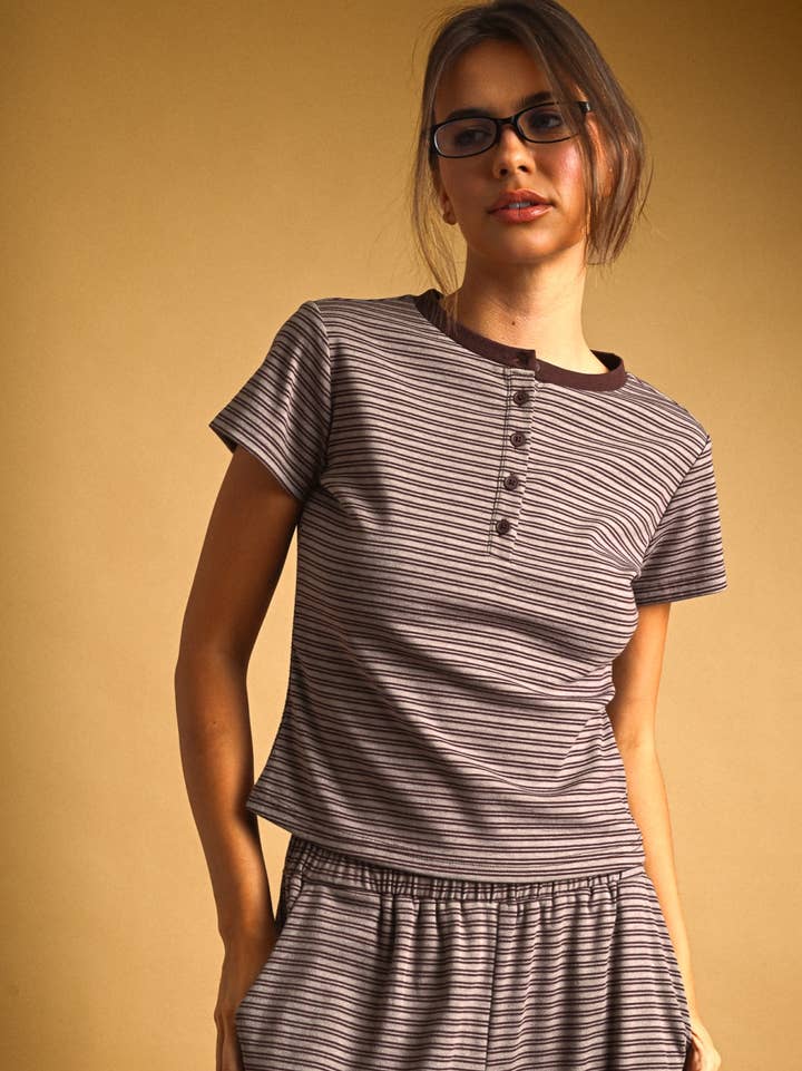 Double Striped Pattern Half Snap Button Top