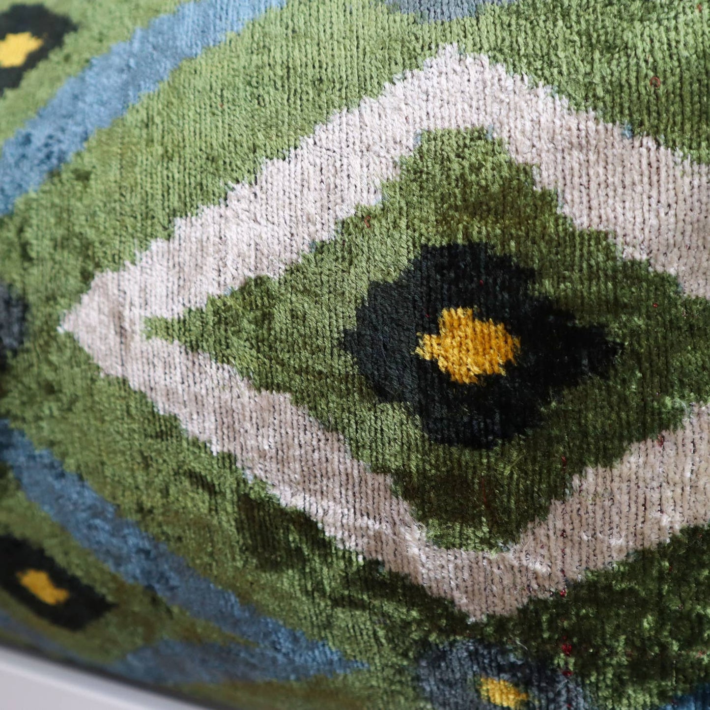 Green, Blue and Yellow Dots Ikat Velvet Silk Pillow