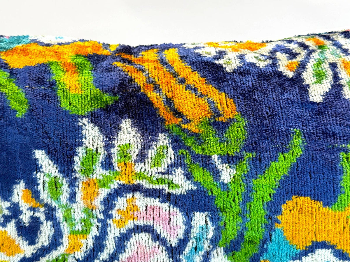 Blue Suzani Velvet Ikat Pillow