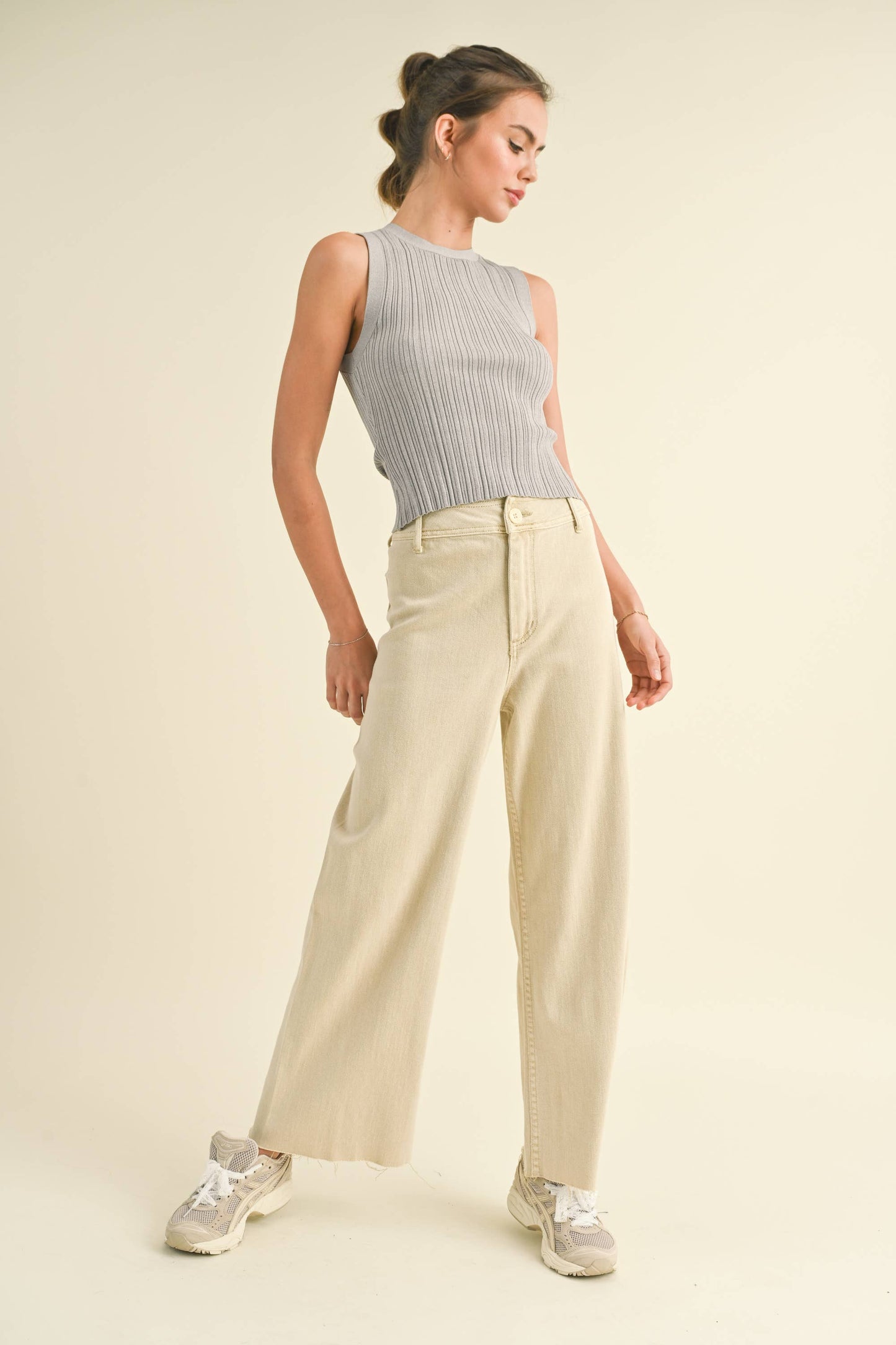 Beige Straight Wide Leg Pants