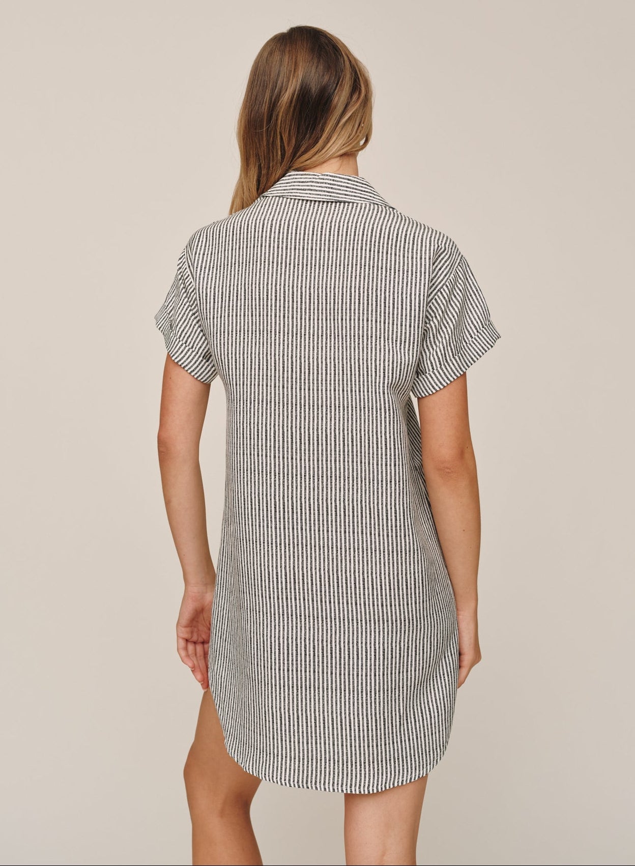 Stripe Roll Sleeve Pocket Shirt Dress