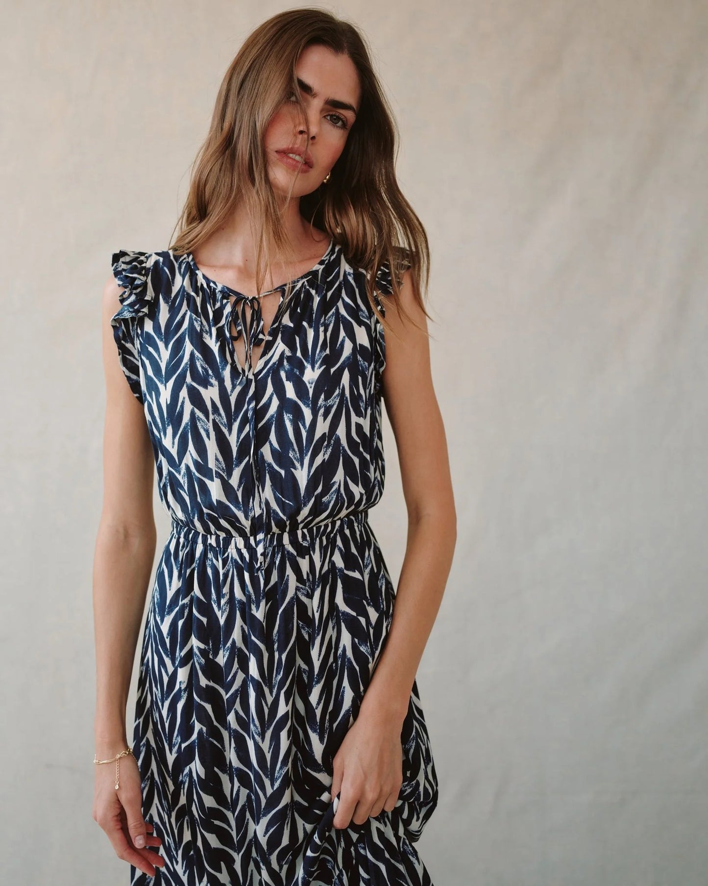 Navy Leaves Ruffle Midi Dress