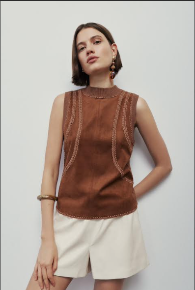 Solana Faux Suede Crochet Top - Chestnut