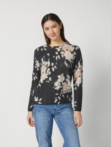Black Floral Knit Crewneck Cardigan