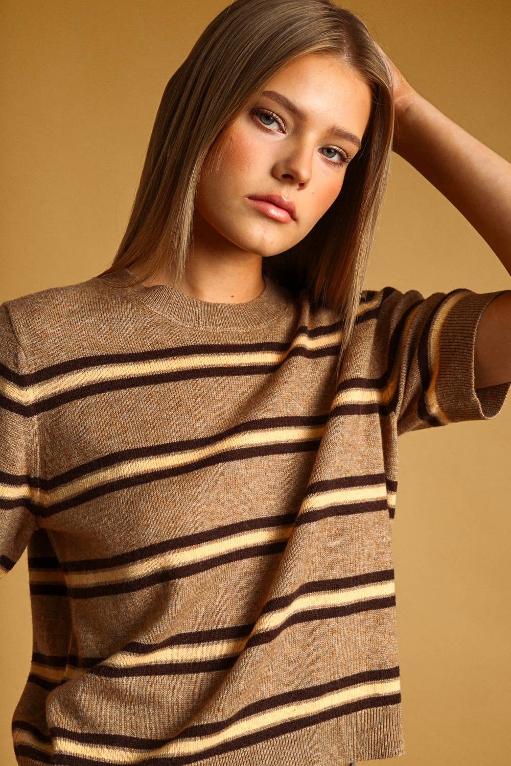 STRIPE PATTERN SHORT SLEEVE KNIT TOP