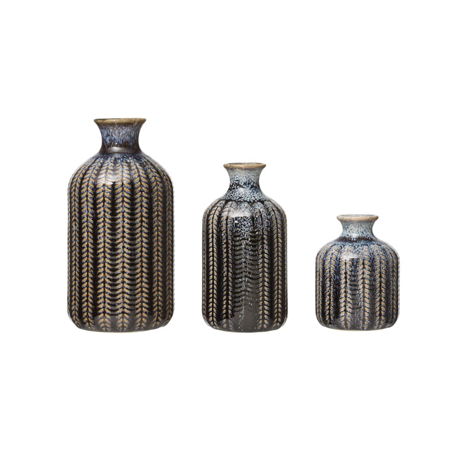 Blue Embossed Stoneware Vases with Glaze - Assorted Sizes