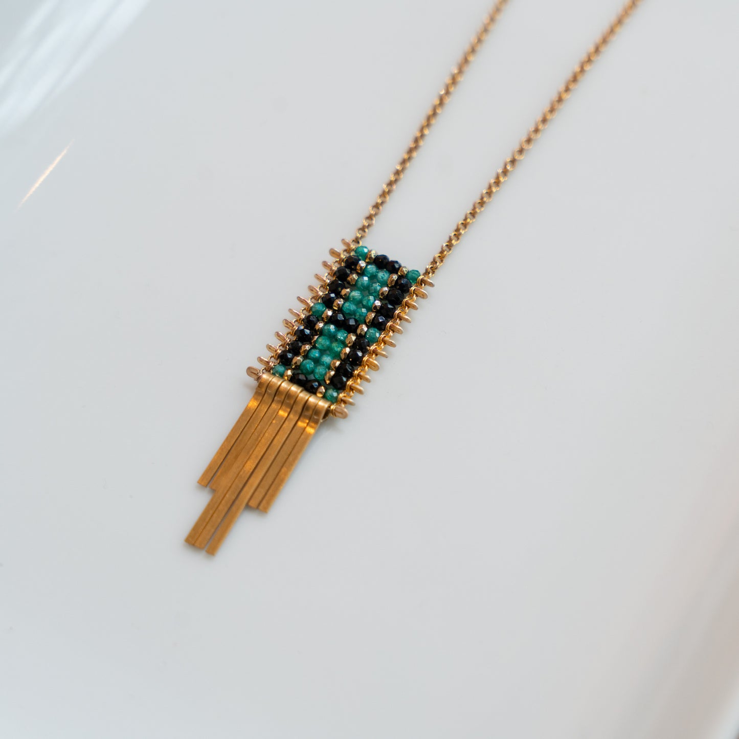 Onyx, Green Zircon, Pyrite Tapestry Necklace