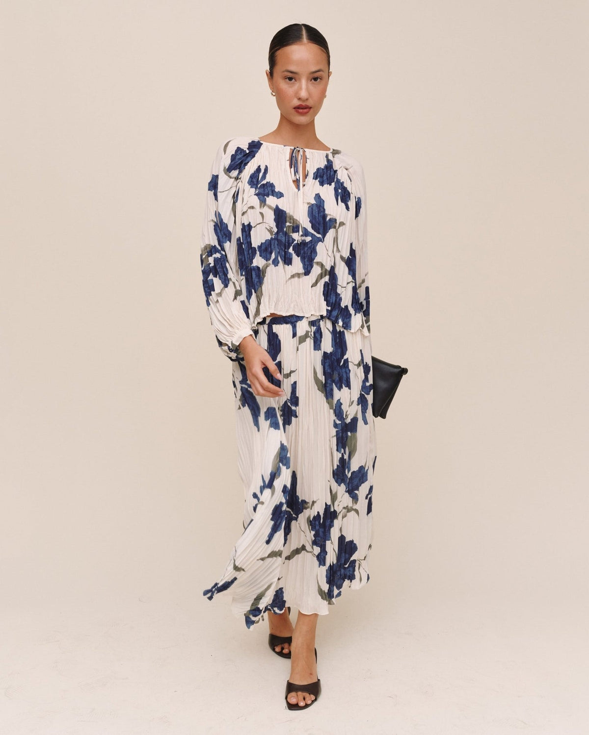 Pleated Tie Front Top - Indigo Iris Print