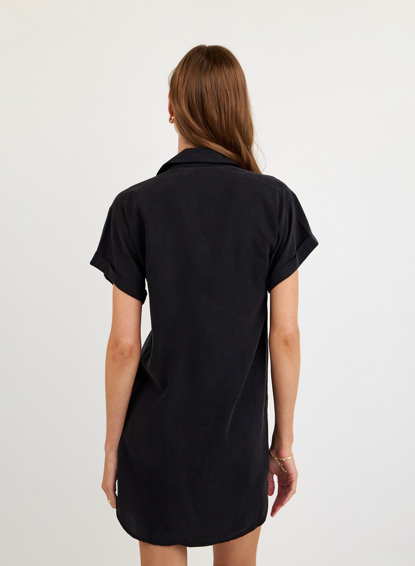 Roll Sleeve Pocket Shirt Dress - Vintage Black