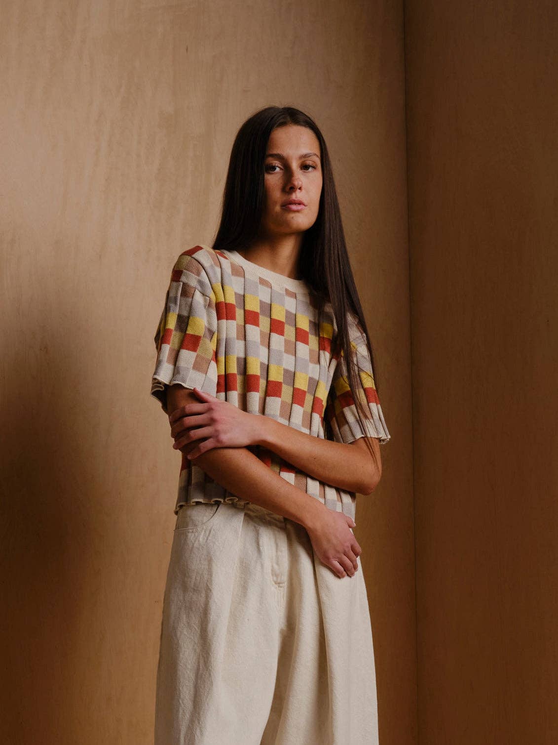 Anni Grid Plaited Sweater (cream/orange/yellow) - Elemental