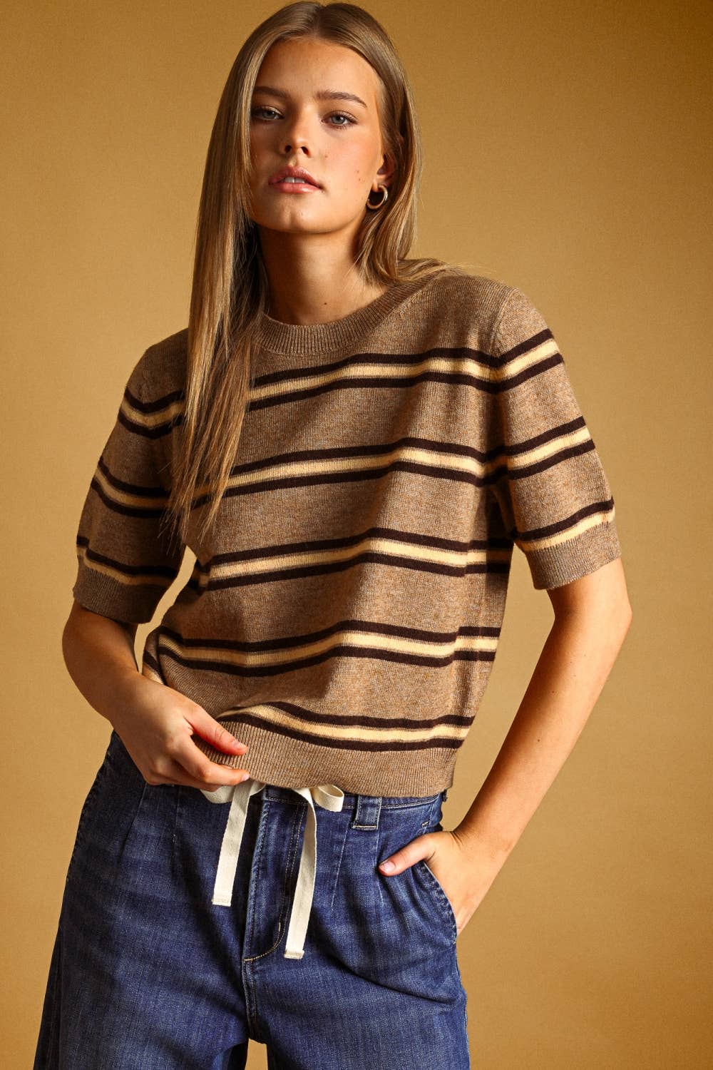 STRIPE PATTERN SHORT SLEEVE KNIT TOP