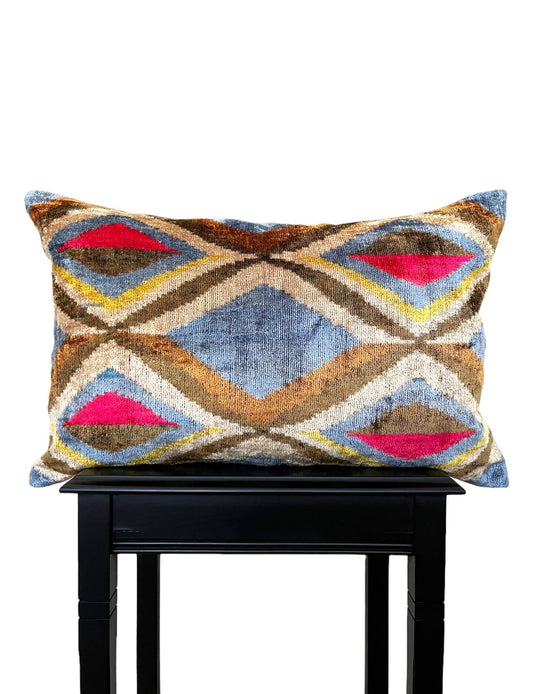 Cover Blue/Brown Diamond Ikat Velvet Silk Pillow