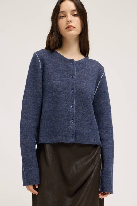 Navy w/White Contrast Color Yarn Button Up Cardigan