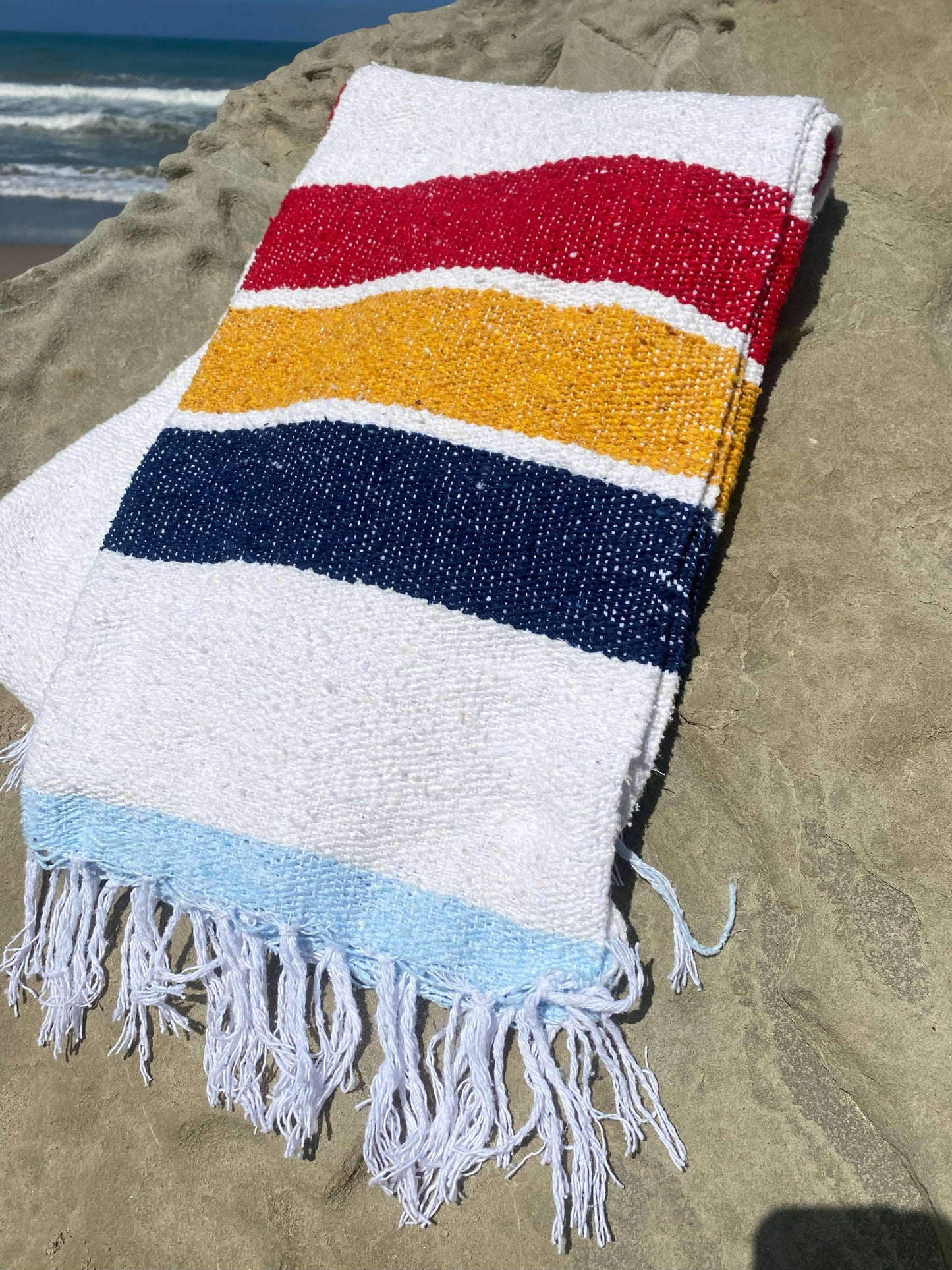 Vintage Camp -  Sustainable Recycled Throw Blanket -  Navy, Mustard, Red + Light Blue Edge