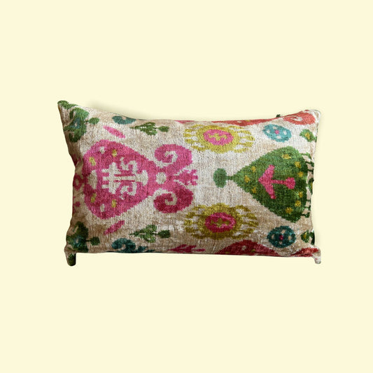 Multi Pink/Olive w/ Insert Ikat Velvet Silk Pillow