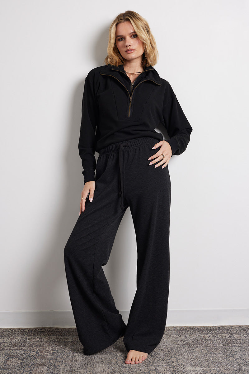 Double Zip Funnel Neck Pullover - Heather Black