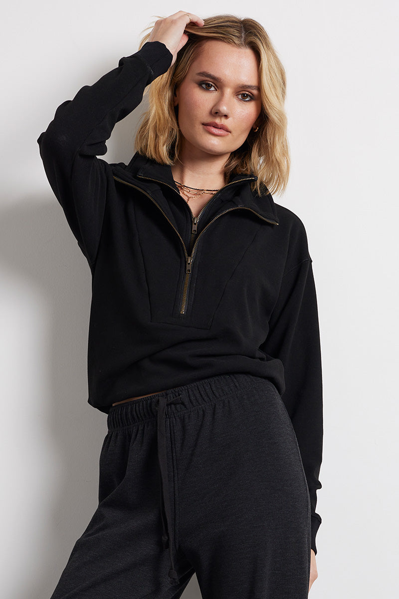 Double Zip Funnel Neck Pullover - Heather Black