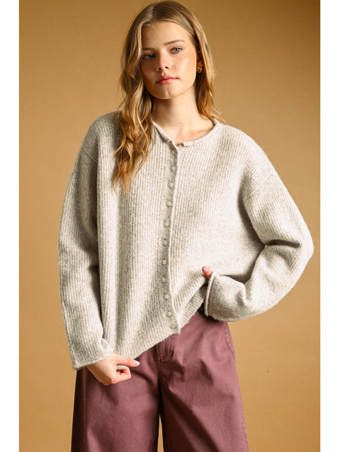 Button Front Ribbed Sweater Cardigan Grey
