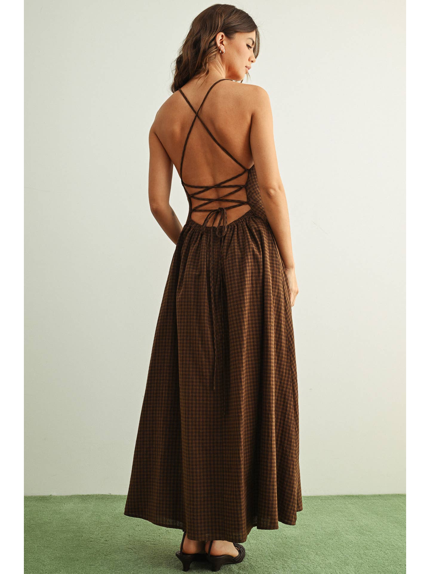 Brown Gingham Pattern Long Dress