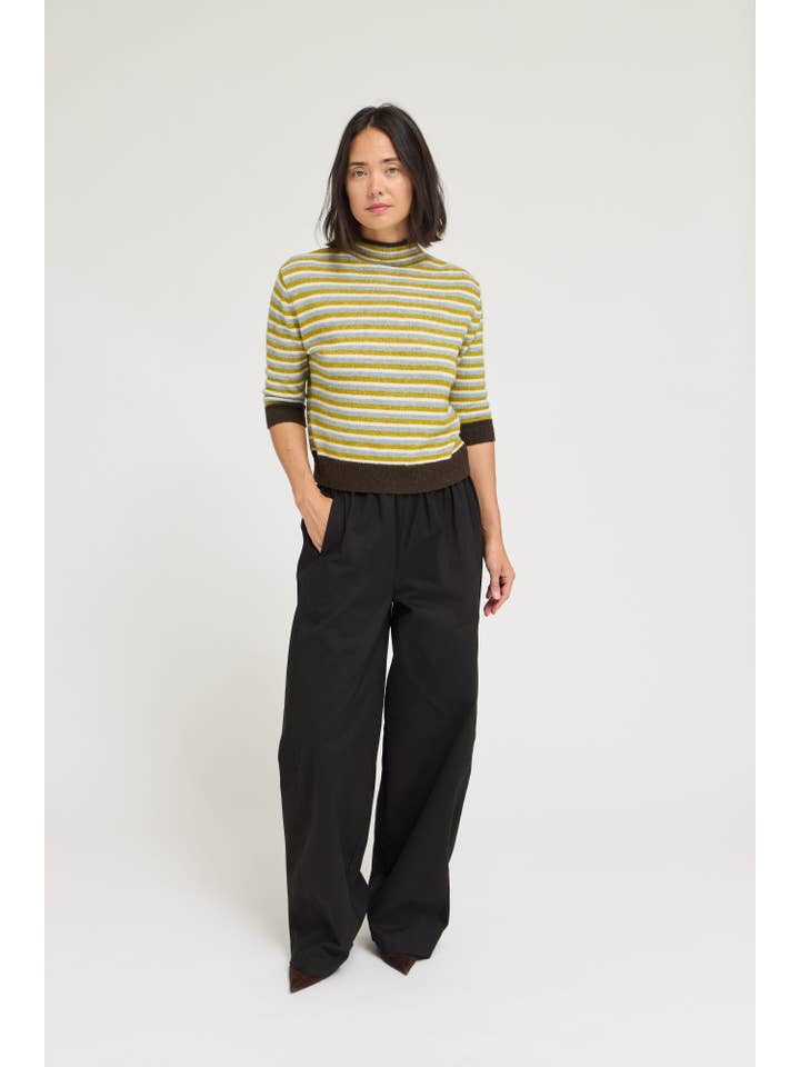 7/8 Sleeves Brown Multi Stripe Sweater Top