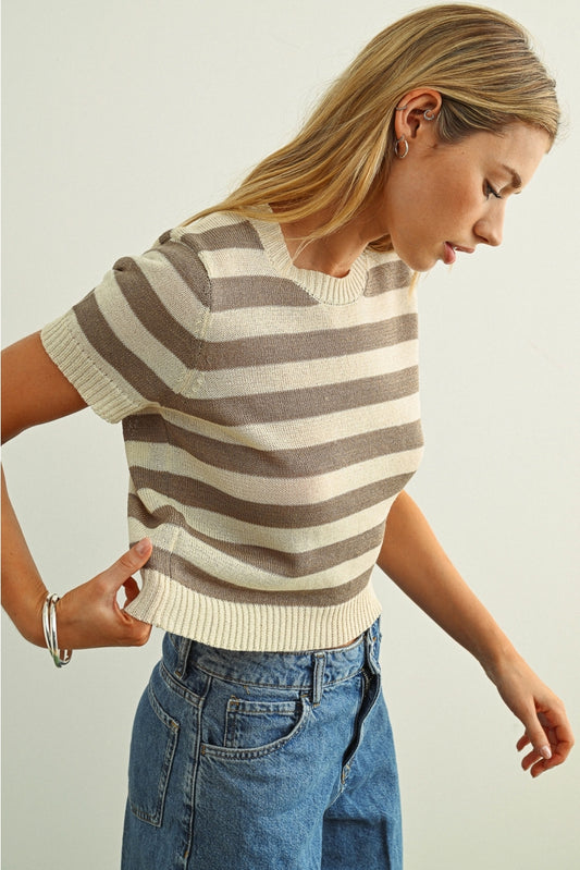 Mocha and White Striped Knitted Short Sleeve Top
