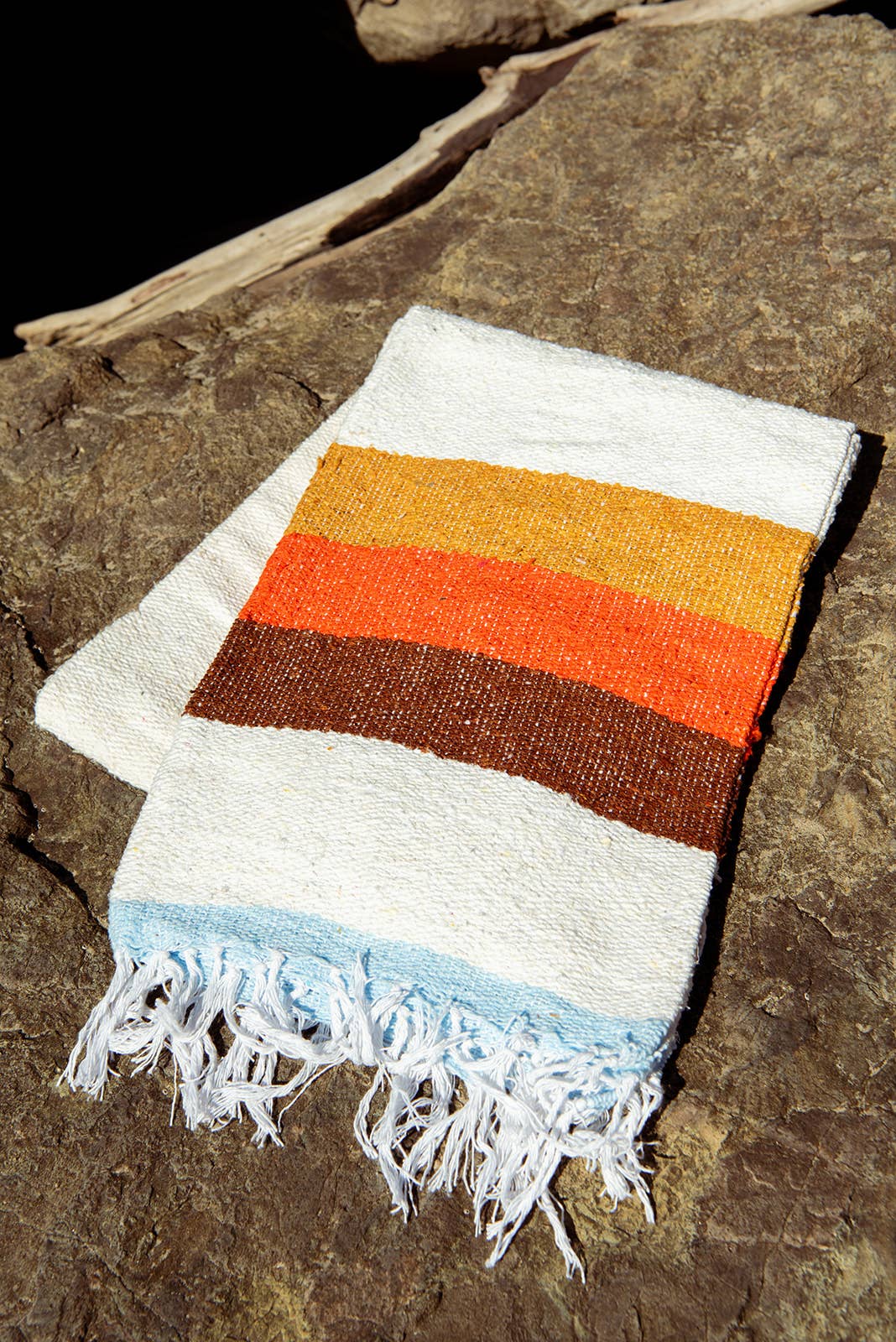 70s - Sustainable Recycled Throw Blanket - Mustard, Orange, Brown, Blue Edge