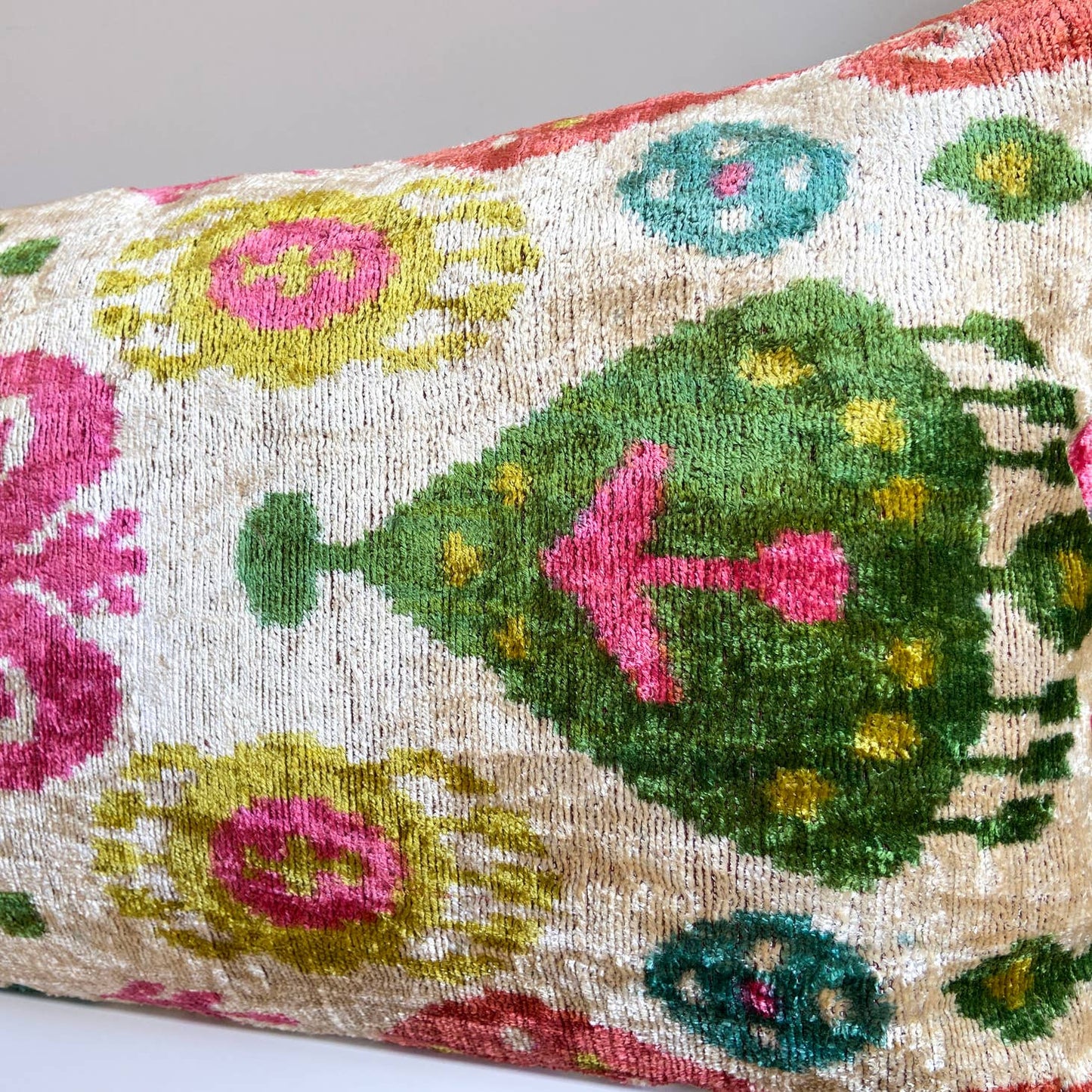 Multi Pink/Olive w/ Insert Ikat Velvet Silk Pillow