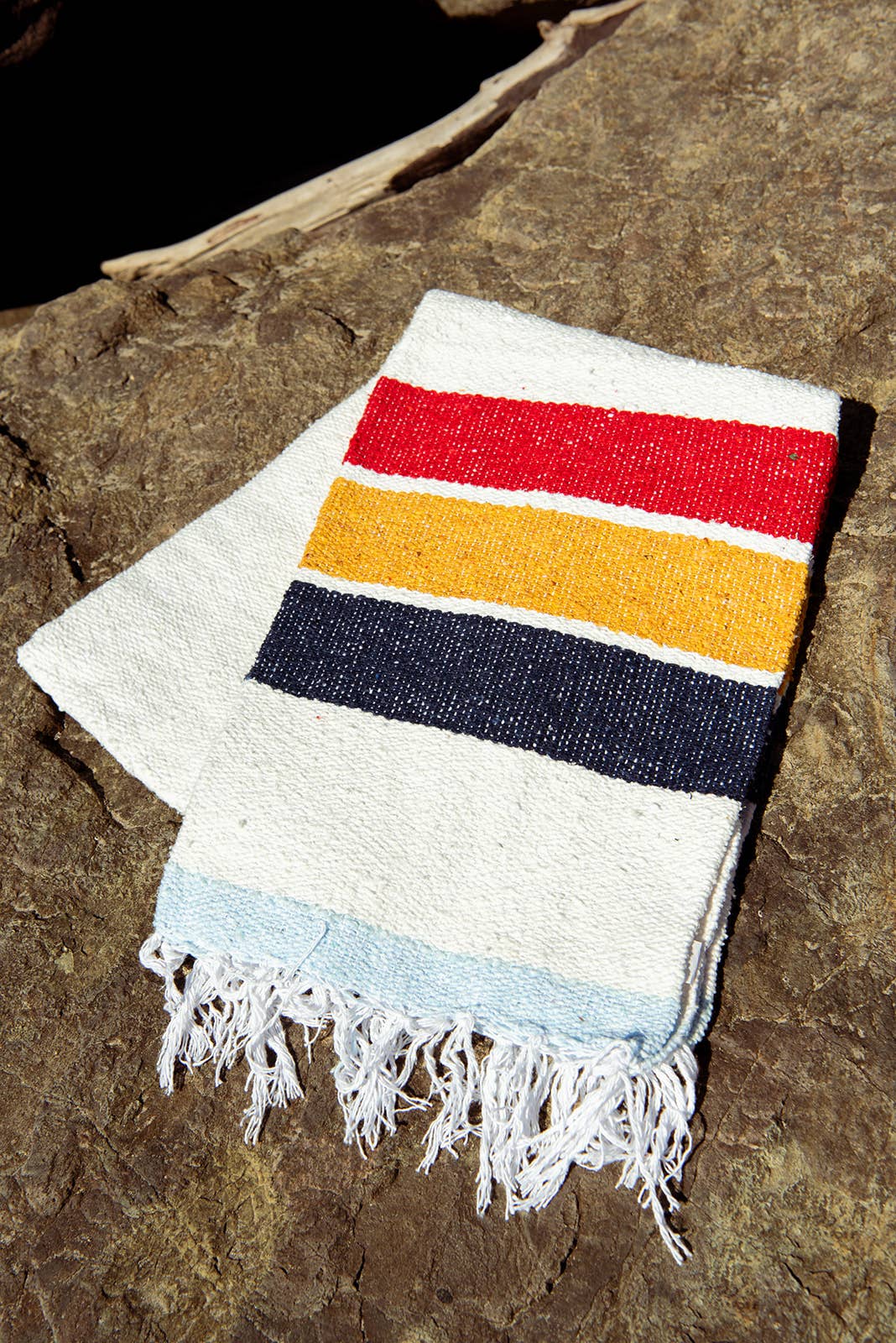 Vintage Camp -  Sustainable Recycled Throw Blanket -  Navy, Mustard, Red + Light Blue Edge