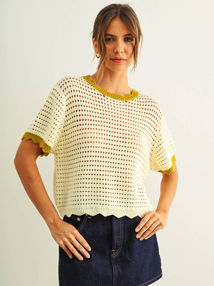 Cream & Lemongrass Scalloped Knit Top