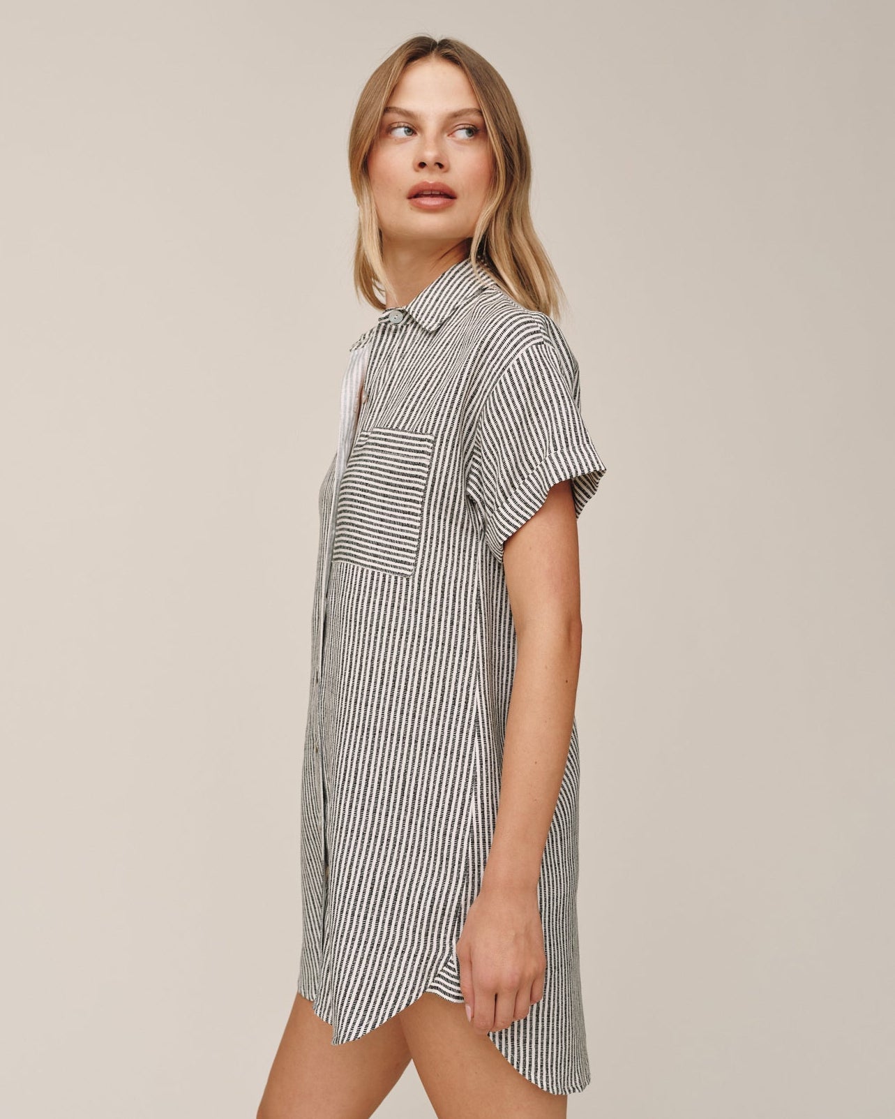 Stripe Roll Sleeve Pocket Shirt Dress