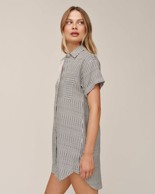 Stripe Roll Sleeve Pocket Shirt Dress
