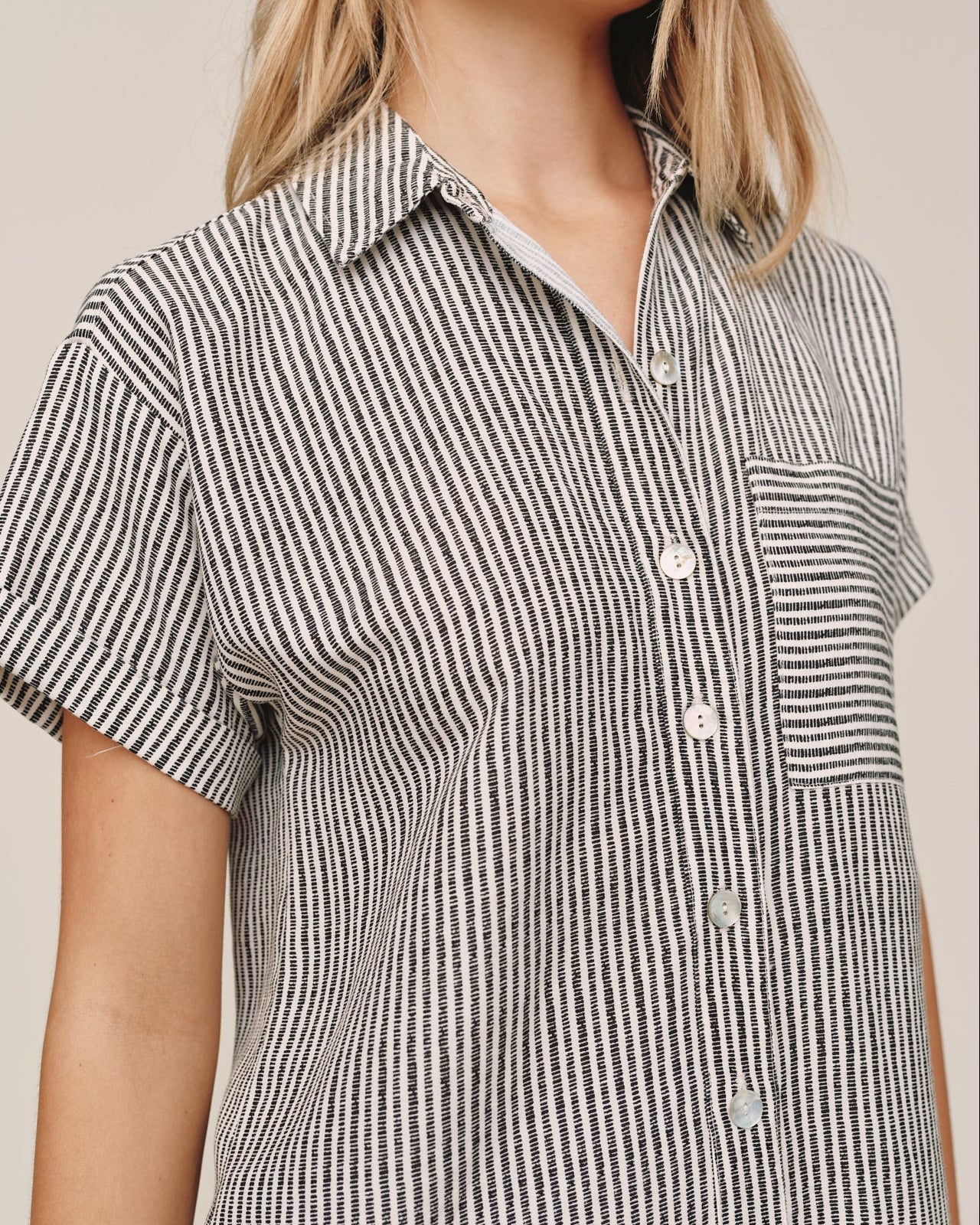 Stripe Roll Sleeve Pocket Shirt Dress