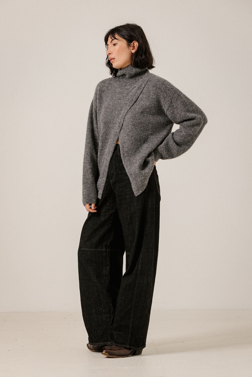 Asymmetrical Funnel Neck Sweater - Charcoal