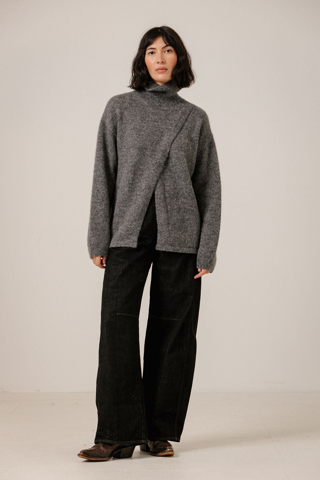 Asymmetrical Funnel Neck Sweater - Charcoal