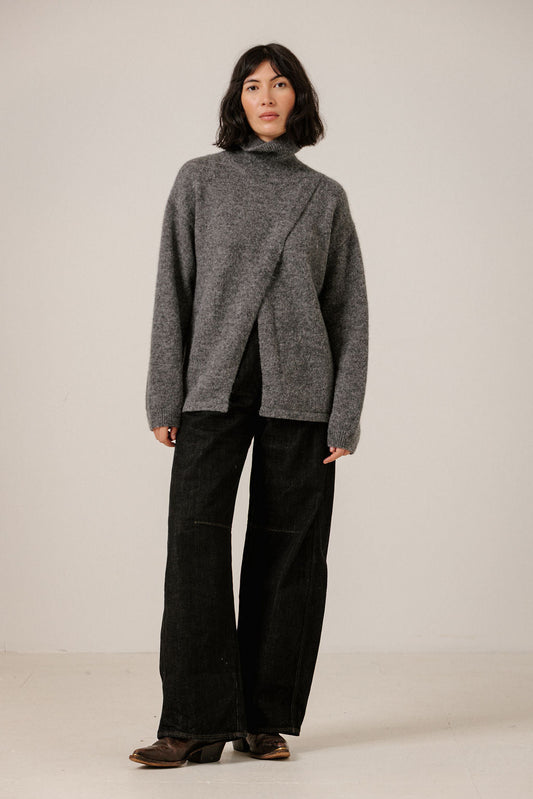 Asymmetrical Funnel Neck Sweater - Charcoal