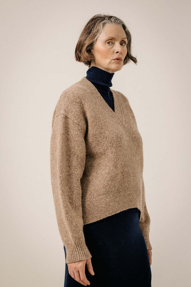Boxy Alpaca V-Neck Sweater - Dark Fawn