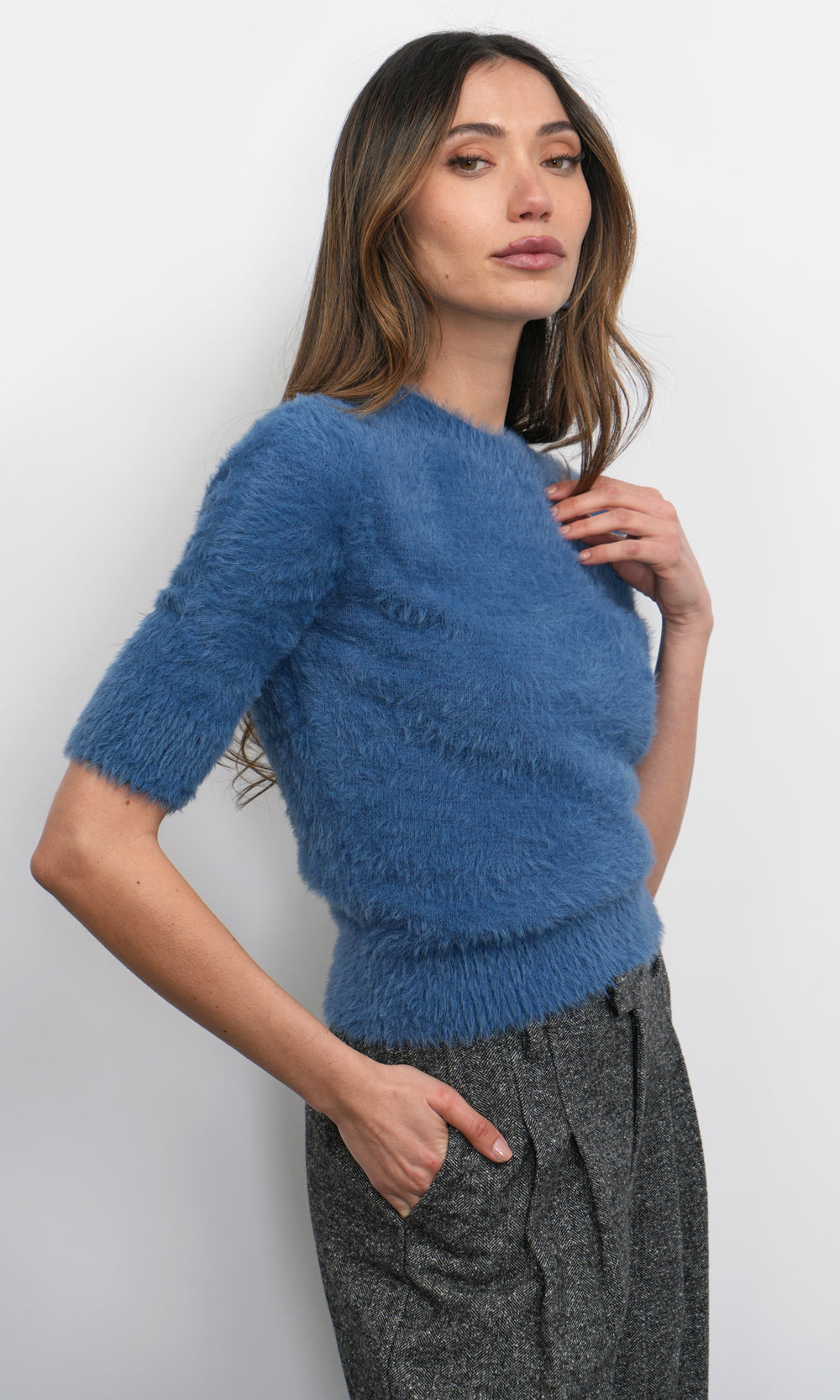 Indigo Odette Fuzzy Elbow Sleeve Knit Top