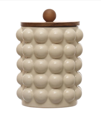Natural Stoneware Canister w/ Raised Dots & Acacia Wood Lid
