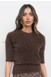 Odette Fuzzy Elbow Sleeve Knit Top - Espresso