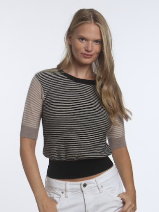 Black/Sand/Toast Stripe S/S Cashmere Top