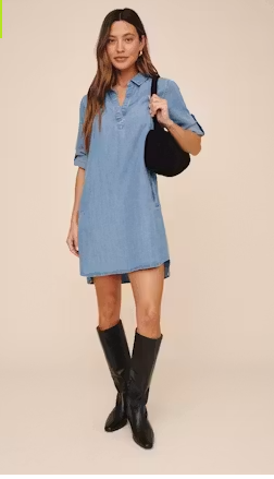 A Line Rolled Tab Sleeve Dress - Indigo Harbor Wash