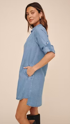 A Line Rolled Tab Sleeve Dress - Indigo Harbor Wash