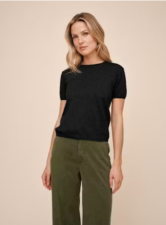 Short Sleeve Crew Neck Knit Top - Vintage Black