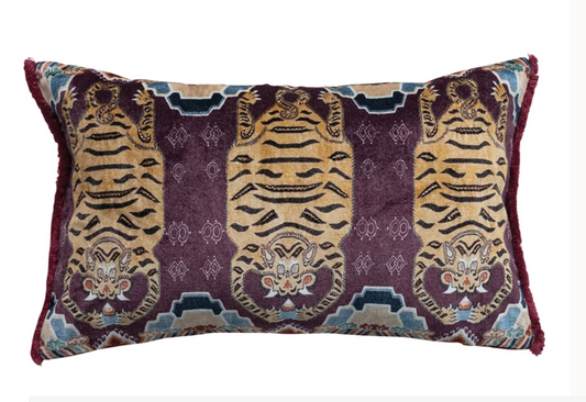 Plum Cotton Velvet Printed Lumbar Pillow w/ Tibetan Tigers
