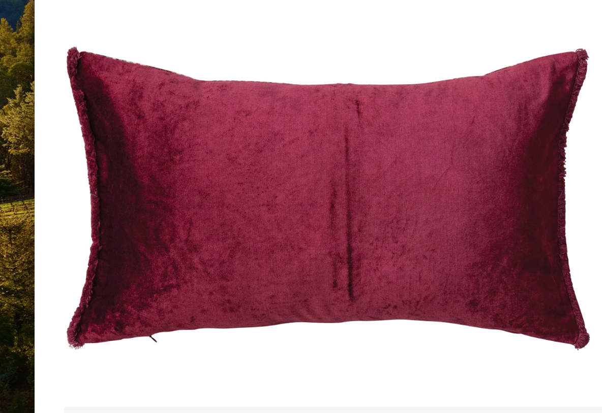 Plum Cotton Velvet Printed Lumbar Pillow w/ Tibetan Tigers