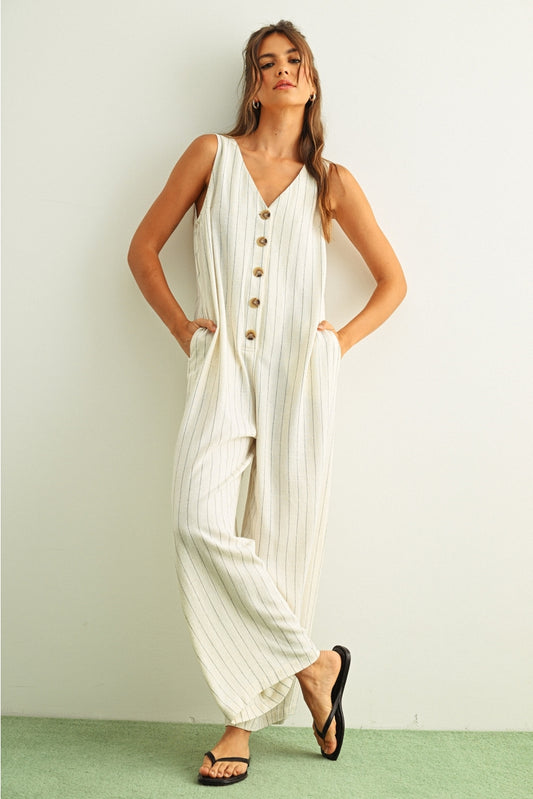 Cream/Black Striped Pattern Button Front Jumpsuit