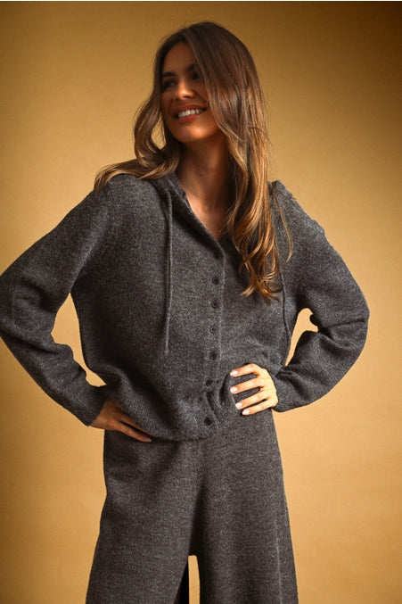 Charcoal Button Front Sweater Jacket with Hood