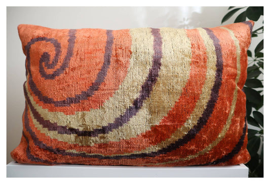 Orange Spiral Ikat Velvet Silk Pillow