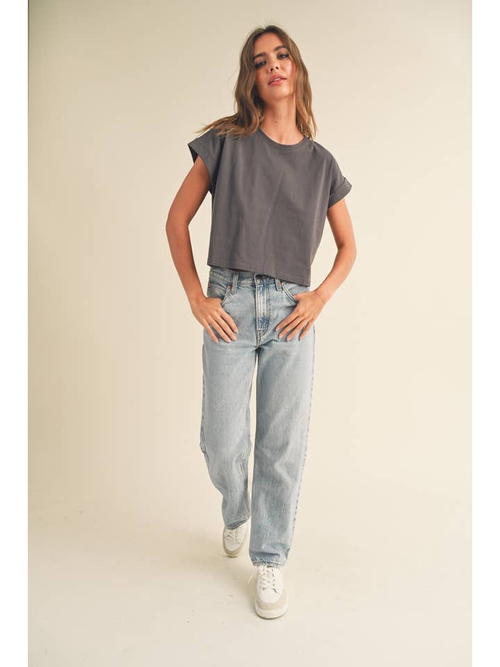 Round Neck Cuffed Sleeve Top - 2 colors